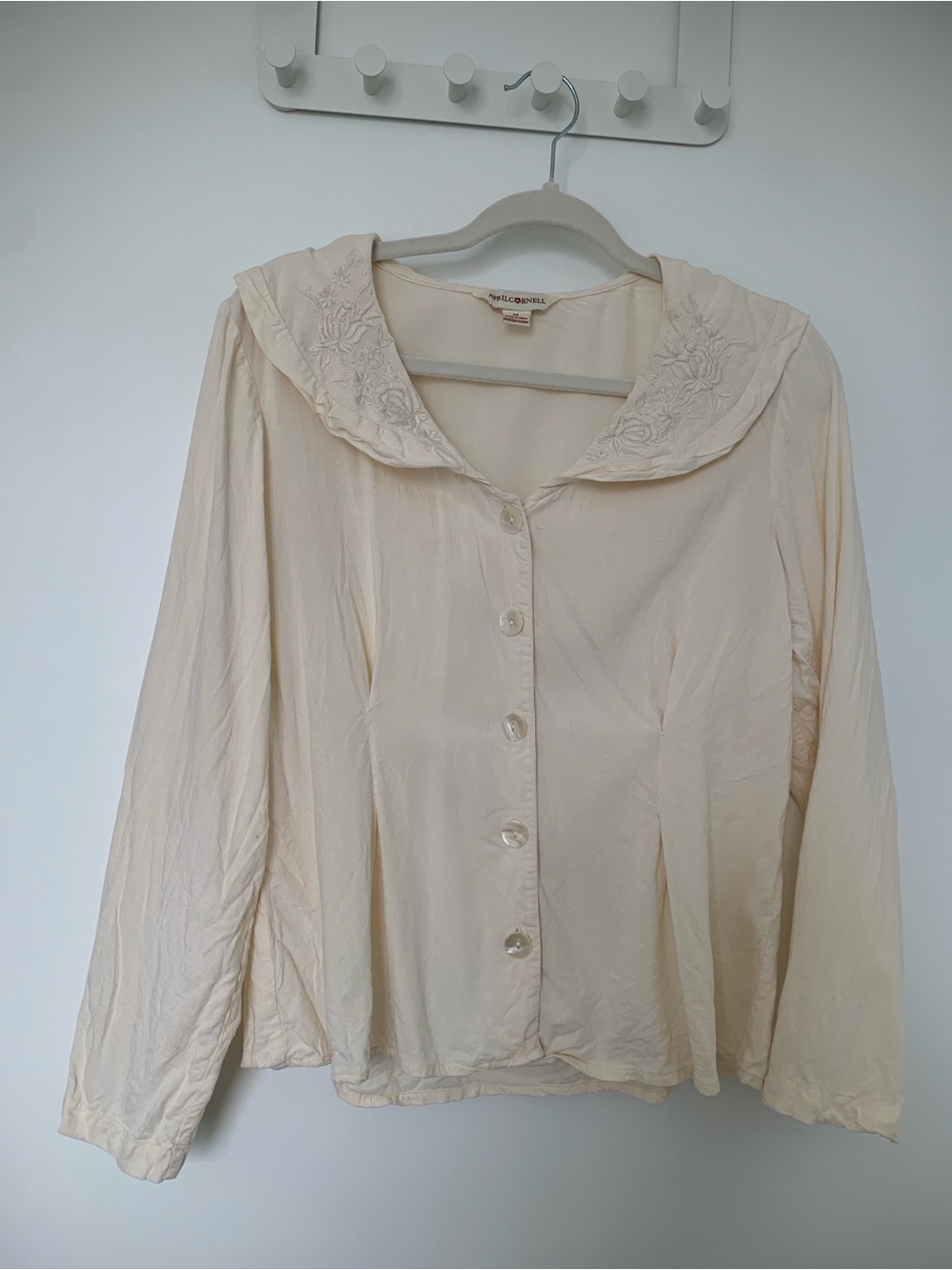 April Cornell Cream Button-Front Blouse with Embroidered Collar